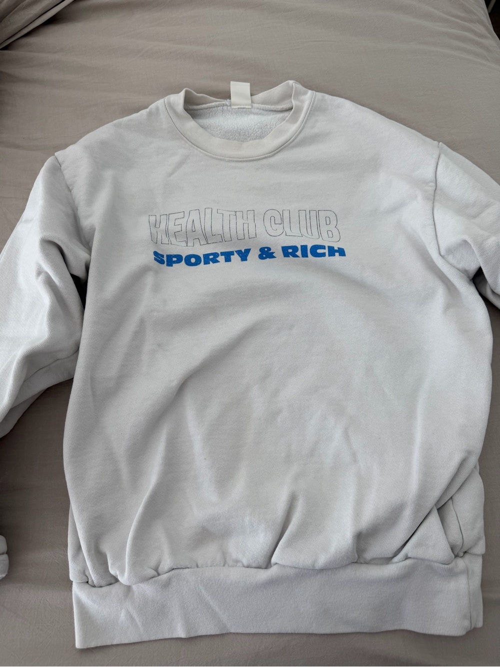 Sporty & Rich White Crewneck Sweatshirt with Blue Logo